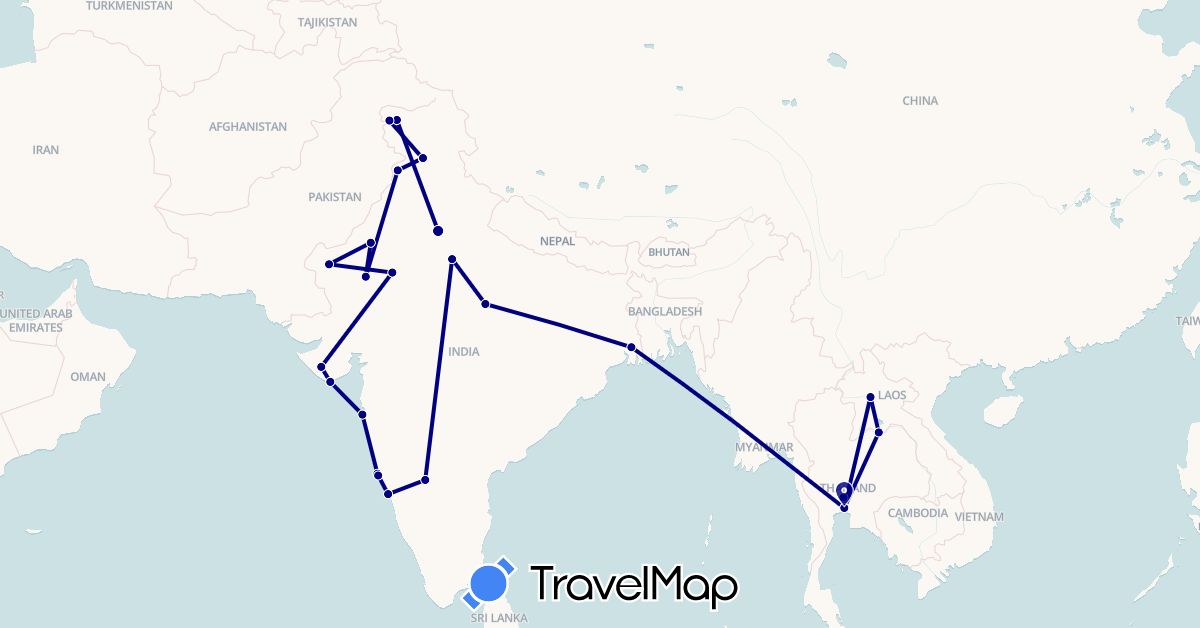 TravelMap itinerary: driving in India, Laos, Thailand (Asia)