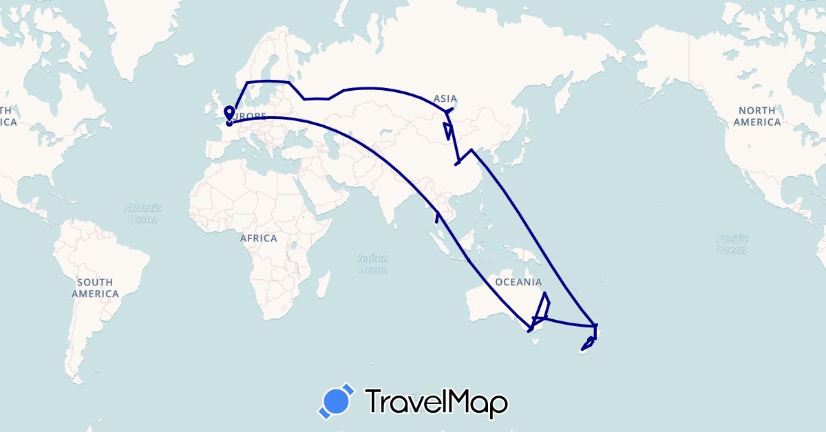 TravelMap itinerary: driving in Australia, China, France, Indonesia, Mongolia, Norway, New Zealand, Russia, Thailand (Asia, Europe, Oceania)